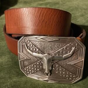 NOCONA Square Longhorn Buckle w/ NOCONA Belt Company Brown Leather‎ Belt  Sz 44